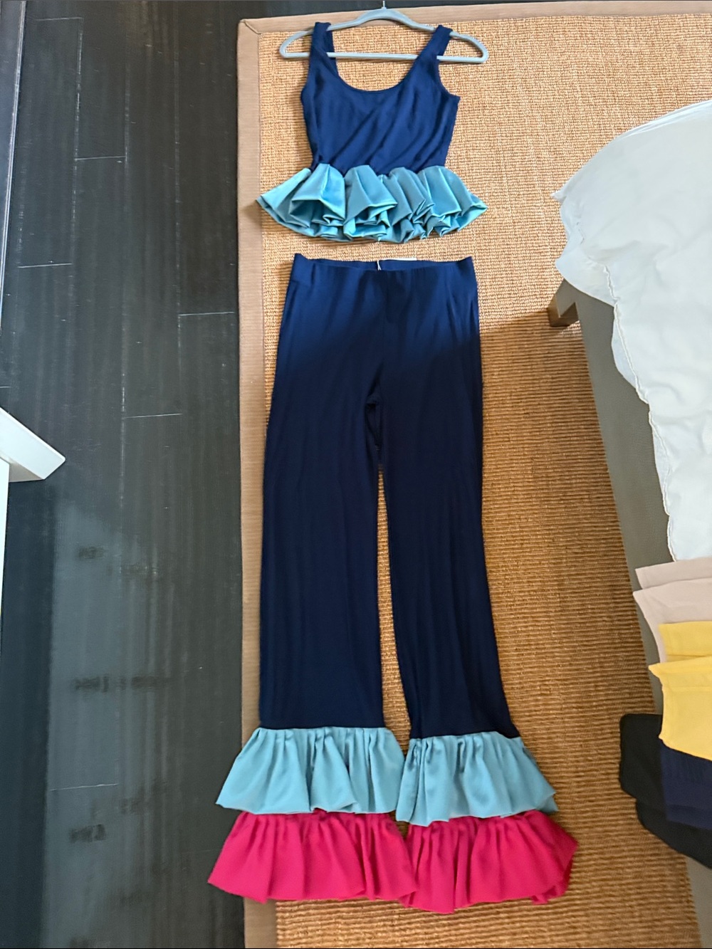 Navy Blue women’s Ruffle Palazzo Pants with Aqua & Pink Trim pitusa set standard